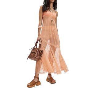 Free People Intimately Peach Orange Madeline Mesh Lace Maxi Slip Size XS